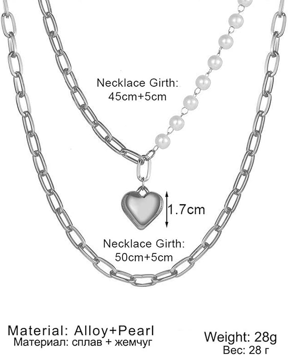 Boho Layered Pearl Choker Necklace Chain Vintage Gold Heart Pendant Cuban Chain Necklace Rock Statement Pearl Heart Necklace Asymmetrical Pearl Strand Necklace Jewelry for Women and Girls-Velvo Beauty