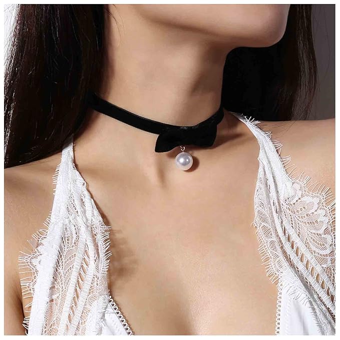 Vintage Satin Choker Necklace Pearl Pendant Necklace Black Bow Necklace Punk Leather Collar Necklace Chain Jewelry for Women and Girls-Velvo Beauty