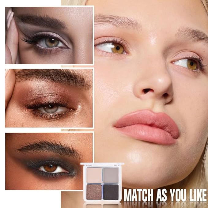 4 Colors Light Beige Gray Brown Black Eye Shadow Powder Palette Makeup, Neutral Matte Shimmer Cream Quads Eyeshadow Palette for Women Highly Pigmented Waterproof, paleta de sombras de ojos, Vegan, 07-Velvo Beauty