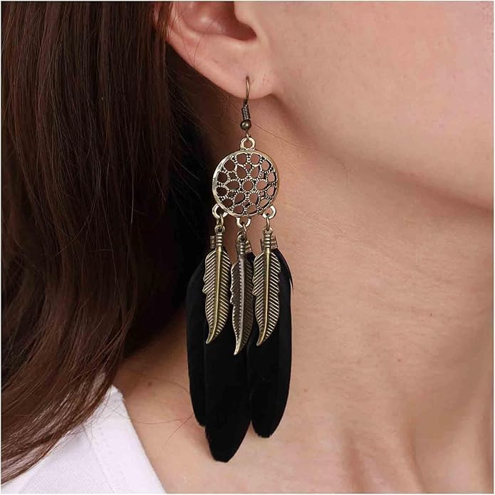 Boho Black Feather Dangle Earrings Long Feather Tassel Earrings Vintage Tribal Feather Earrings Gold Feather Drop Earrings Jewelry for Women-Velvo Beauty