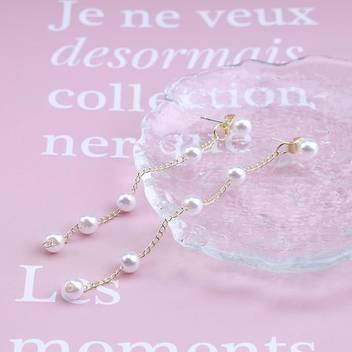 Boho Pearl Drop Earrings Long Pearl Tassel Earrings Gold Pearl Chain Earrings Vintage Pearl Stud Earrings Jewelry for Women-Velvo Beauty