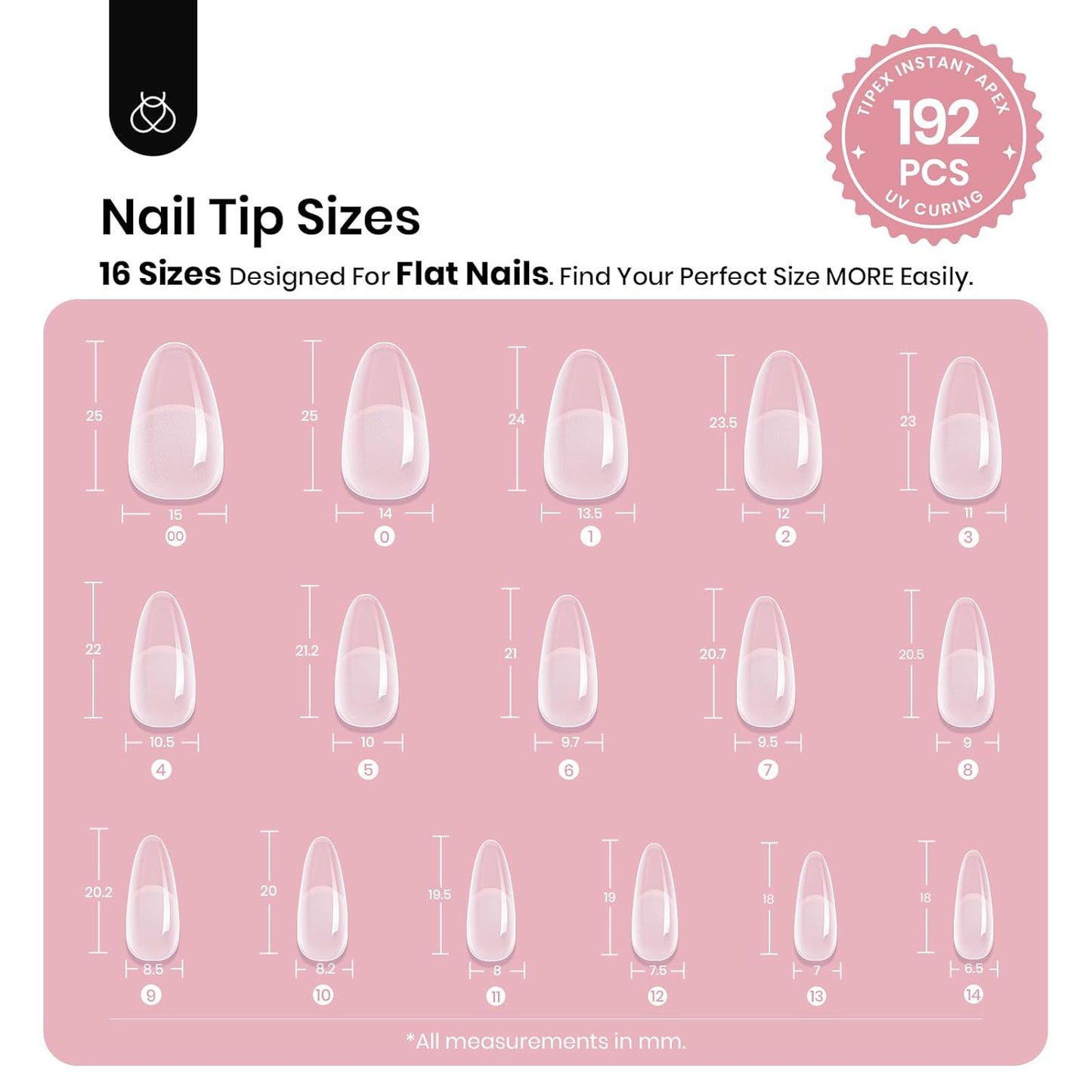 Beetles Tipex Instant Apex Nail Tips, Medium Oval Almond Acrylic Nails 192 Pcs Pre-Building Pre-Etched Thicker Gel Nail Tips - 16 Sizes Strong Full Cover False Nail-Velvo Beauty