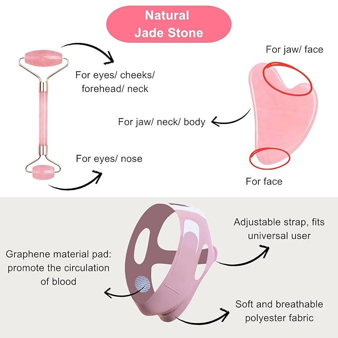 Gua Sha Facial Tools - Jade Roller for Face Beauty Gift Sets Reduces Puffiness, Sleep Mask, Face Lifting Double Chin Strap, Skin Care Massage Self Care Gift for Women-Velvo Beauty