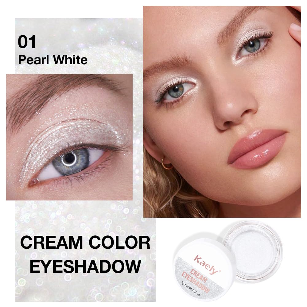 Kaely Single Cream Eyeshadow Pot, Pearl White Sparkle Eye Shadow for Older Women High Pigmented Waterproof, Natural Eyeshadow Palette Makeup Brightener, sombras en crema para ojos, Blendable, 01-Velvo Beauty