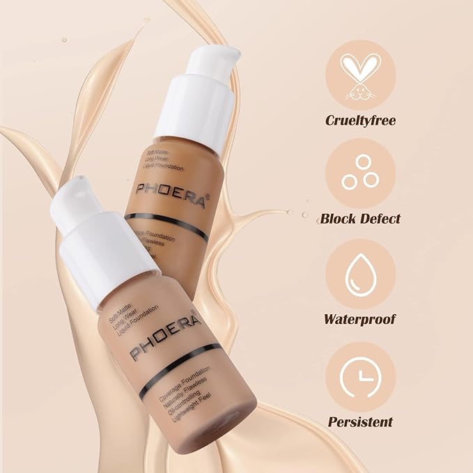 PHOERA Foundation Makeup Naturally Liquid Foundation Full Coverage Mattle Oil-Control Concealer 8 Colors Optional,Great Choice For Gift (2pcs,#104 Buff Beige)-Velvo Beauty