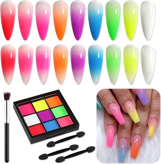 Neon Phosphor Nail Pigment Powder Palette, 9 Colors Solid Pigment Powder for Nails, Fluorescent Glitter Aura Nails Rubbing Dust with Ombre Nail Brush & Sponge Sticks Manicure Art DIY Accessories-Velvo Beauty