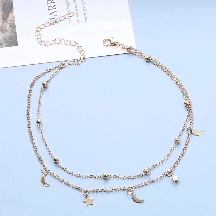 Boho Star Moon Necklace Choker Gold Layered Star Choker Necklace Crescent Moon Necklace Celestial Necklace Chain Festival Jewelry for Women and Girls-Velvo Beauty