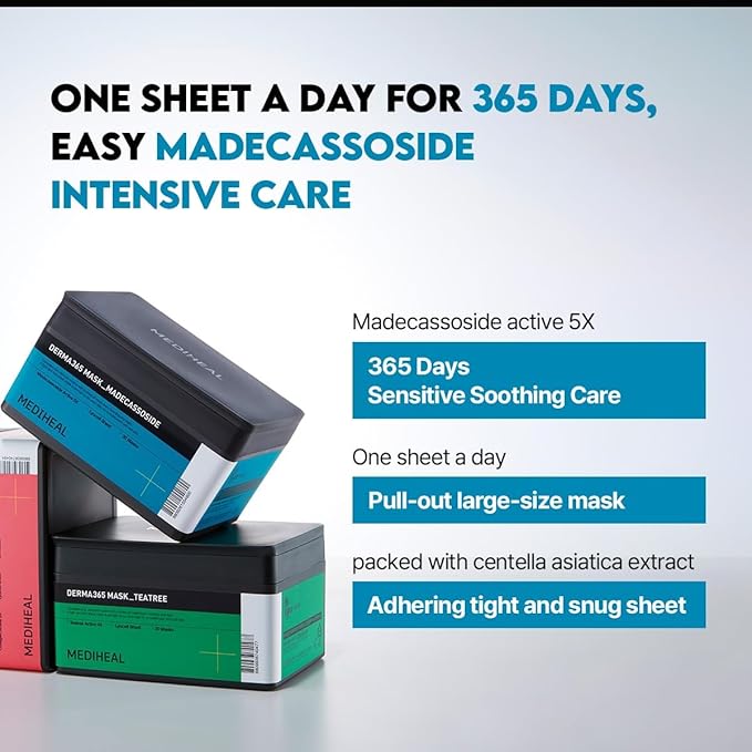 Mediheal Derma 365 Madecassoside Mask (30 Masks) - Daily Skin Care Mask for Deeply Comforting and Calming Skin with Madecassoside-Velvo Beauty