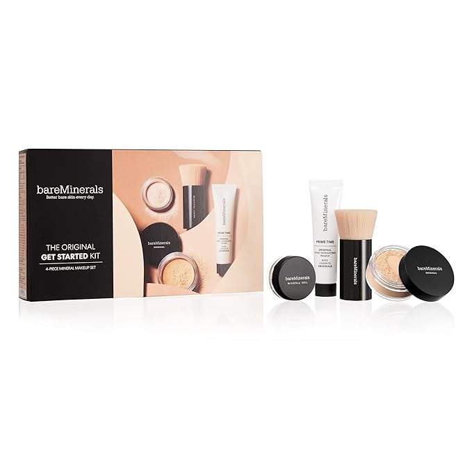 bareMinerals Original Get Started Kit, 4 Piece Mini Mineral Makeup Includes Original Loose Foundation, Face Primer, Setting Powder, Brush, Travel Sizes, Must-Have Kit, Vegan-Velvo Beauty