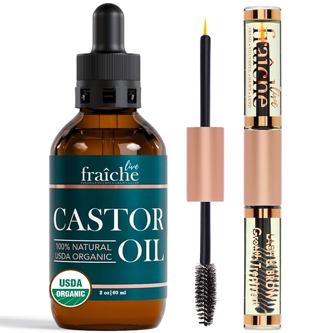 Organic Castor Oil Lash Serum for Hair Growth, 100% Pure Eyebrow Eyelash Growth Serum, Cold Pressed Hexane Free (2oz Glass Bottle + FILLED Mascara Tube)-Velvo Beauty