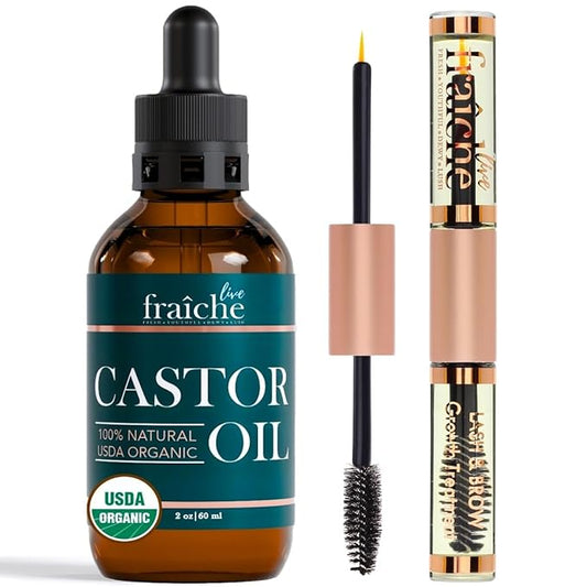 Organic Castor Oil Lash Serum for Hair Growth, 100% Pure Eyebrow Eyelash Growth Serum, Cold Pressed Hexane Free (2oz Glass Bottle + FILLED Mascara Tube)-Velvo Beauty