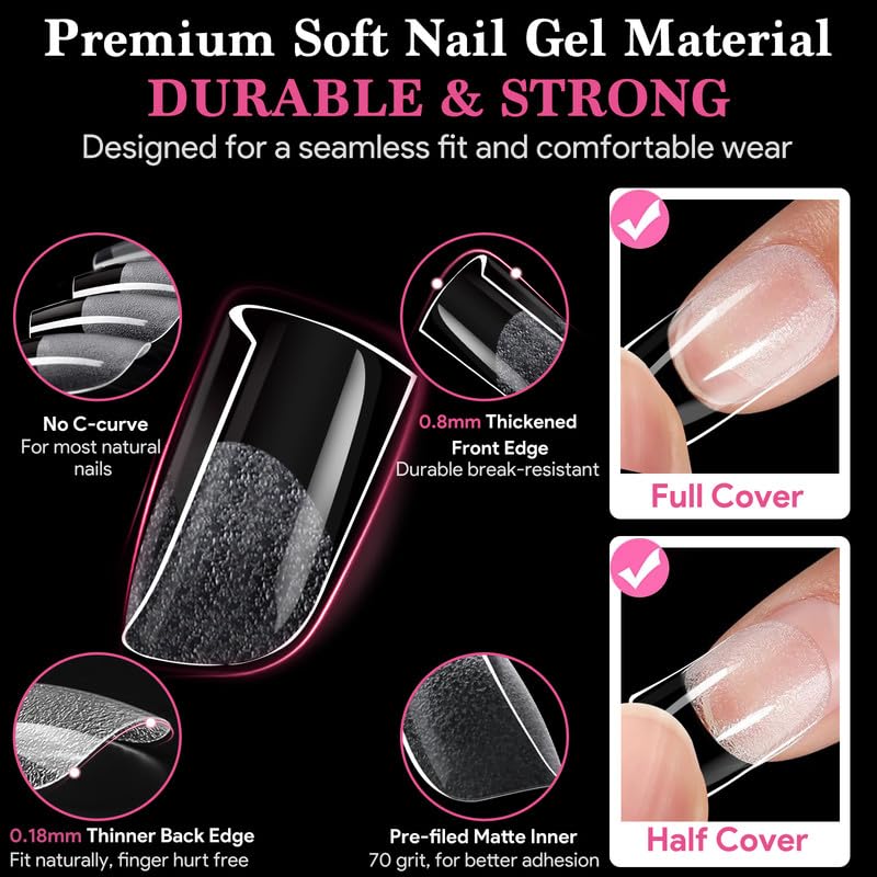 Extra Short Flat Head False Nail Tips, 15 Sizes 510 PCS Clear French Press On Fake Nail Pre-shaped Half Matte Full Cover Gel Nail Tips Extensions Long Lasting for DIY Beginners & Salon Manicure-Velvo Beauty