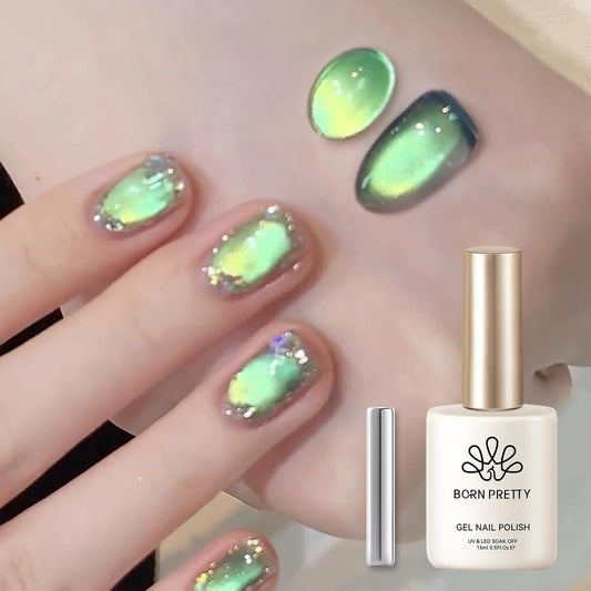 Born Pretty Cat Magnetic Gel Nail Polish, Green Gel Polish Crystal Cat Holographic Magnetic Nail Polish Nail Art Manicure Salon DIY at Home 15ML-Velvo Beauty