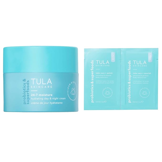 TULA Skin Care 24-7 Hydrating Day & Night Cream + Body Moisturizer/Exfoliator Packette - Anti-Aging Moisturizer for Face, Contains Watermelon & Blueberry Extract, 1.5 oz.-Velvo Beauty