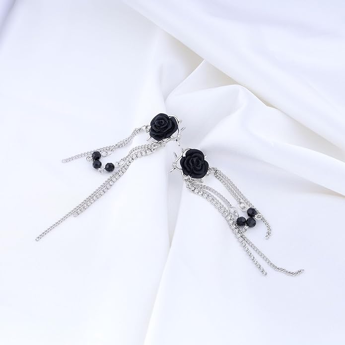 Punk Black Rose Flower Earring Long Rhinestone Chain Drop Earrings Silver Cz Tassel Chain Earrings Black Rose Flower Ear Cuff Earring Jewelry for Women-Velvo Beauty