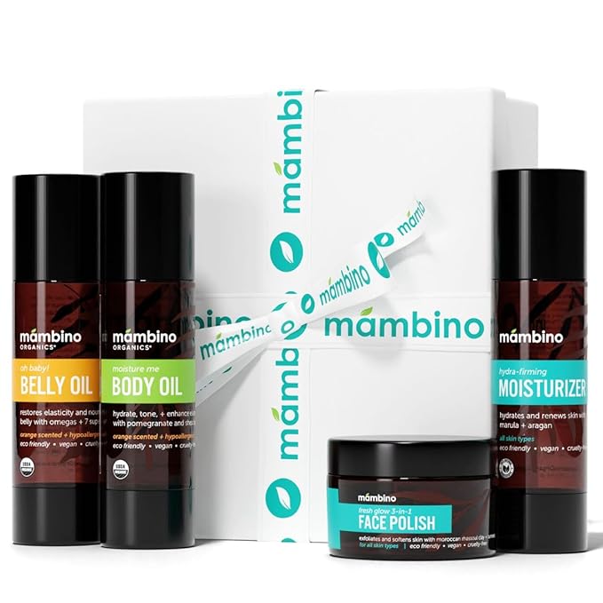 Second Trimester Set – All Natural Skincare Pregancy Gift Box – Anti-stretch mark Belly Oil, Moisturizing Body Oil, Face Polish, Face Moisturizer - Mambino Organics-Velvo Beauty