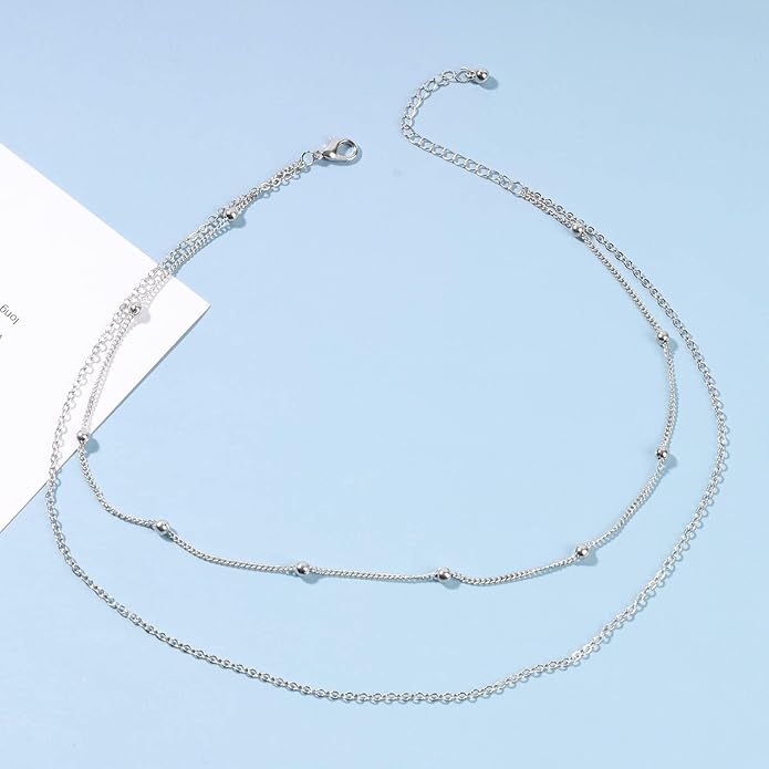 Boho Layered Satellite Choker Necklace Gold Ball Chain Necklace Short Collar Necklace Vintage Double Layer Necklace Jewelry for Women and Girls Gifts-Velvo Beauty