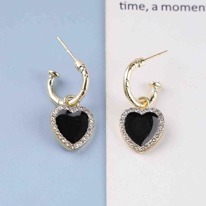 Vintage Crystal Heart Drop Earrings Black Heart Onyx Earrings Black Heart Hoop Huggie Earrings Gold Cz Love Heart Earrings Jewelry for Women-Velvo Beauty
