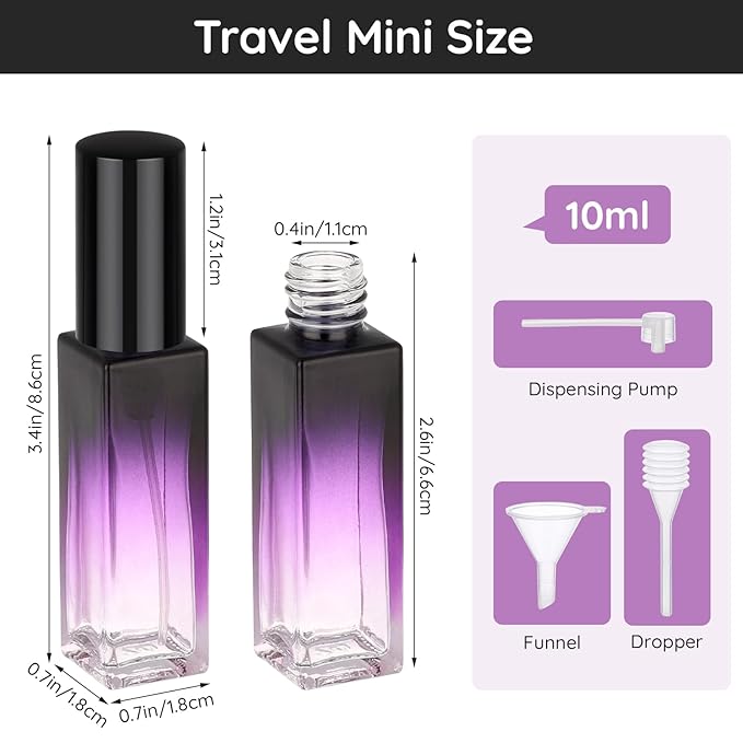 Segbeauty 0.34oz Perfume Travel Bottles Refillable, 10pcs 10ml Glass Empty Perfume Atomizer Sprayer, Mini Portable Travel Cologne Spray Bottle, Cologne Atomizer Set with Refill Pump Tools-Velvo Beauty
