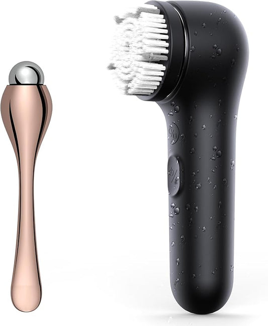 Premium Face Scrubber, Deep Pore Cleansing Brush, Waterproof & Rechargeable Face Scrub Brush for Men& Women, Electric Facial Exfoliator with 3 brushes, 3 Intensities, 2 Modes with Eye Rollor- Charcoal-Velvo Beauty