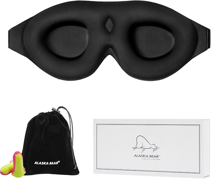 ALASKA BEAR Sleep Mask Memory Foam Contoured Eye Cups for Women and Men, Soft 3D Blackout Eye Mask for Sleeping No Pressure on Eyelids and Eyelashes Protection, Earplugs Set, Black-Velvo Beauty