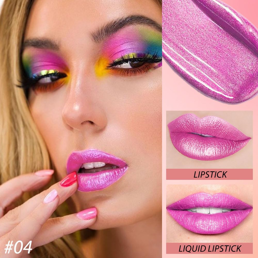 evpct 2 in 1 Hot Pink Glitter Metallic Shimmer Diamond Lipstick and Lip Gloss Set for Women Long Lasting Waterproof, Rose Pink Sparkle Glitter Shiny Lipstick and Lip Liner Makeup Set, 04#-Velvo Beauty