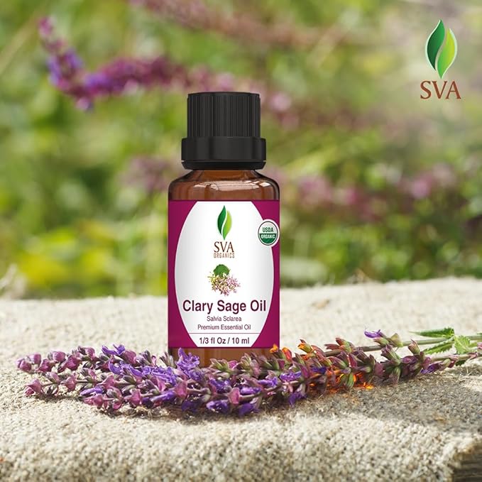 SVA Clary Sage Essential Oil Organic – 1/3 Fl Oz – 100% Natural Organic Clary Sage Oil - for Diffuser, Hair Care, Face, Skin Care, Aromatherapy, Scalp and Body Massage, Soap and Candle Making-Velvo Beauty