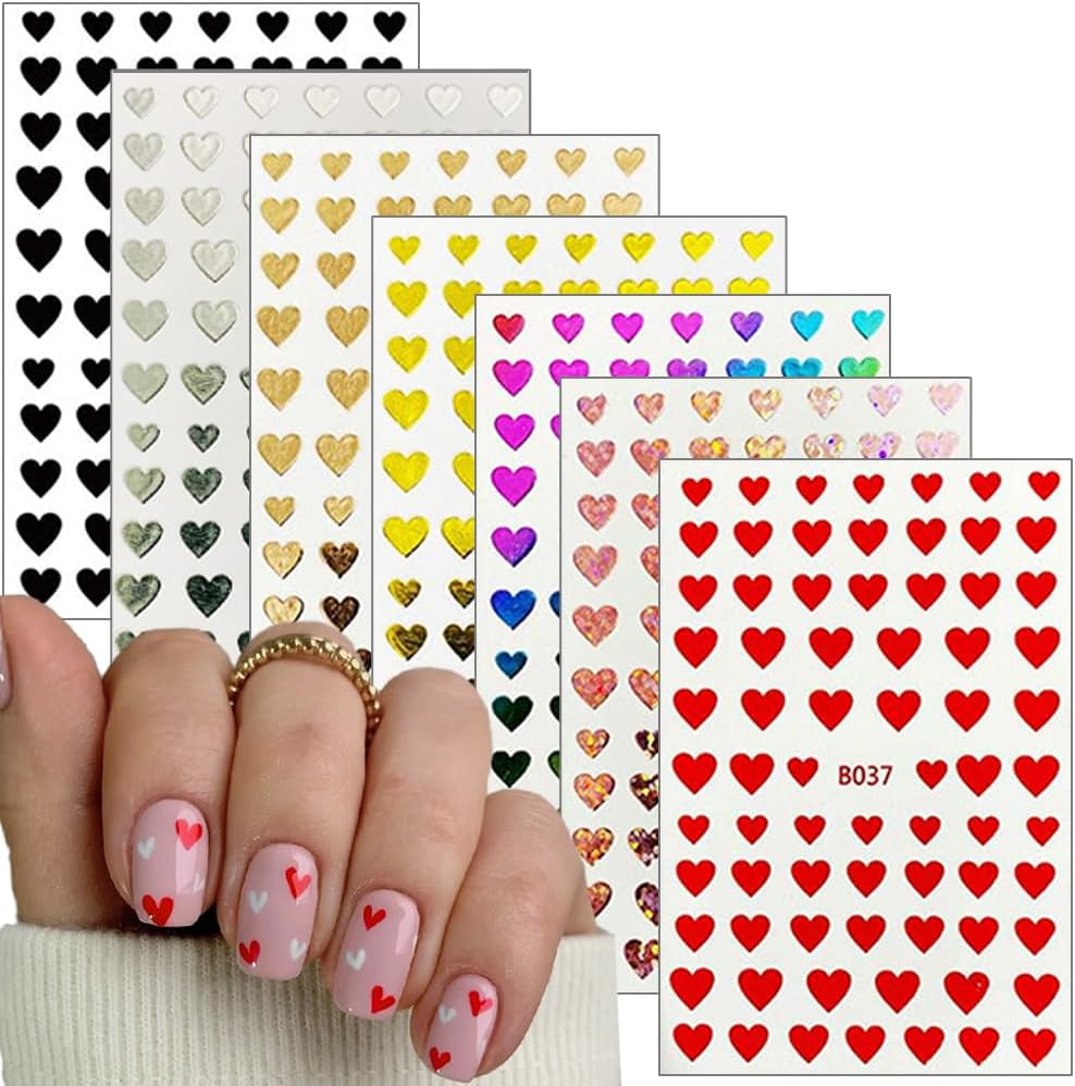 8 Sheets Heart Nail Art Stickers 3D Self-Adhesive Heart Nail Decals Cute Valentines Day Nail Art Decoration for Women Girls-Velvo Beauty