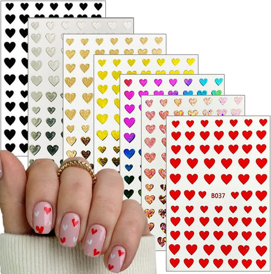 8 Sheets Heart Nail Art Stickers 3D Self-Adhesive Heart Nail Decals Cute Valentines Day Nail Art Decoration for Women Girls-Velvo Beauty