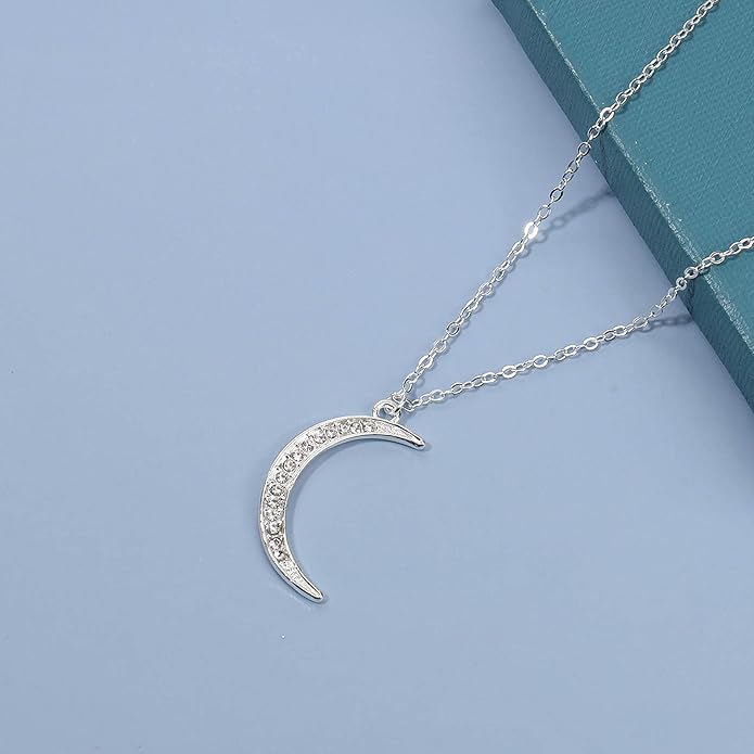 Boho Rhinestone Moon Necklace CZ Crescent Pendant Necklace Chain Minimalist Necklace Festival Jewelry for Women and Teen Girls-Velvo Beauty