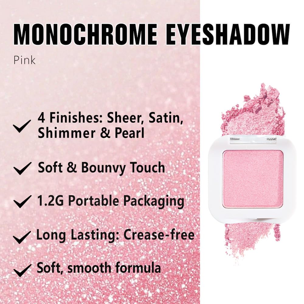 Shimmer Singe Eye Shadow Palette Makeup, Pink Sparkle Shimmer Monochrome Eyeshadow For Old Women, Mini Pressed Pigmented Waterproof Sombras Para Ojos, Vegan, Talc, Paraben & Cruelty Free, 11-Velvo Beauty