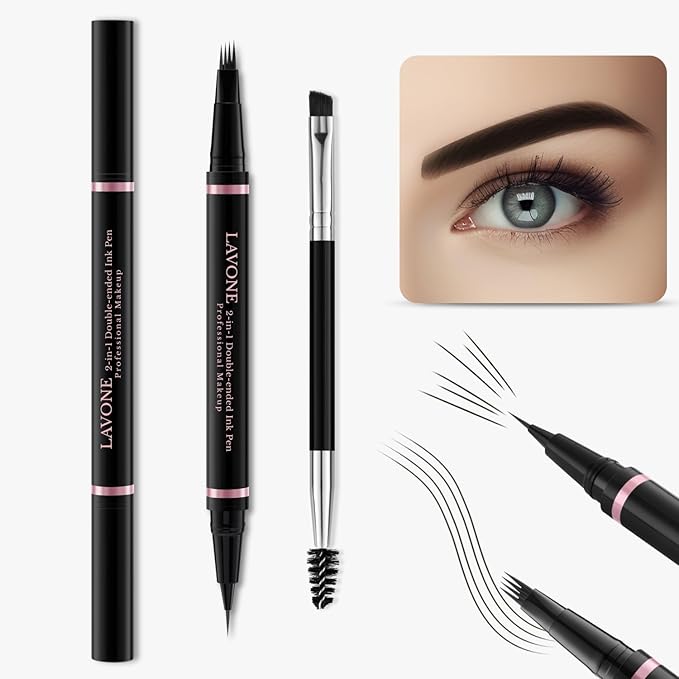 LAVONE Eyebrow Pencil Makeup Kit, with Waterproof 2-IN-1 Microblading Eyebrow Pen, Eyebrow Pomade, Eyeliner and Dual-ended Eyebrow Brush, Brow Pencil Kit for Natural Eyebrows - Ebony-Velvo Beauty