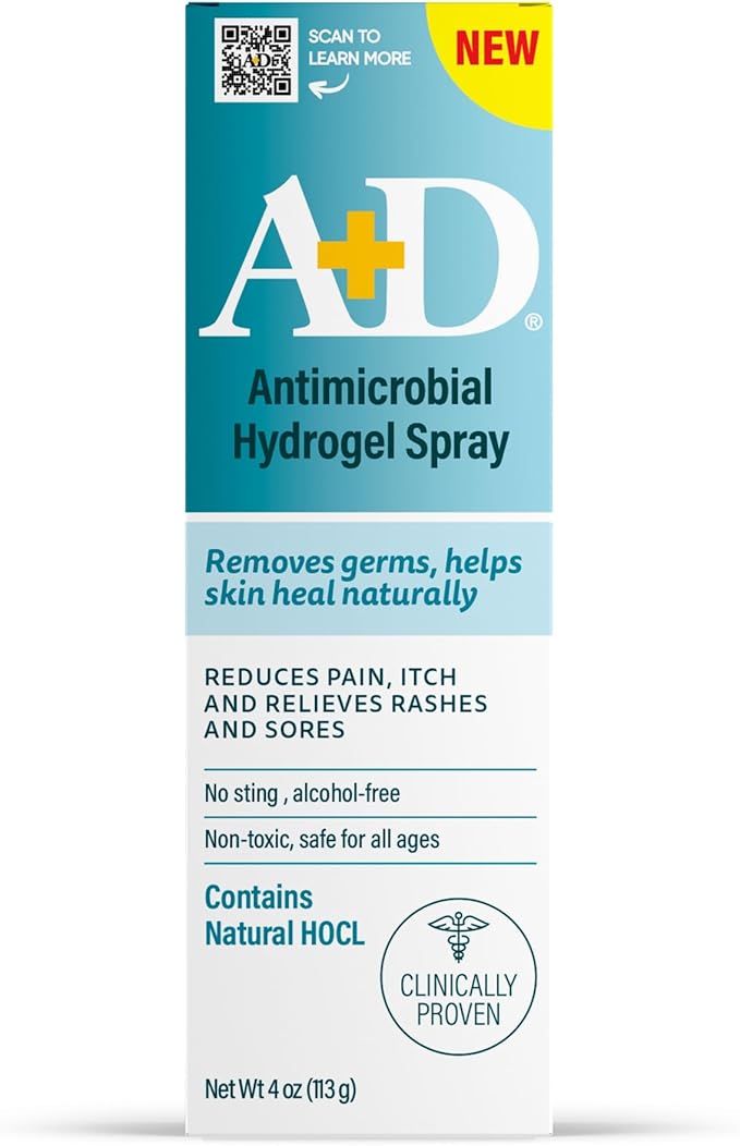 A+D Antimicrobial Hydrogel Spray – with Hypochlorous Acid, Removes Germs, Helps Heal Rashes & Irritations, Reduces Itch & Pain, Alcohol-Free, Non-Sting Formula, Safe for All Ages, 4oz-Velvo Beauty