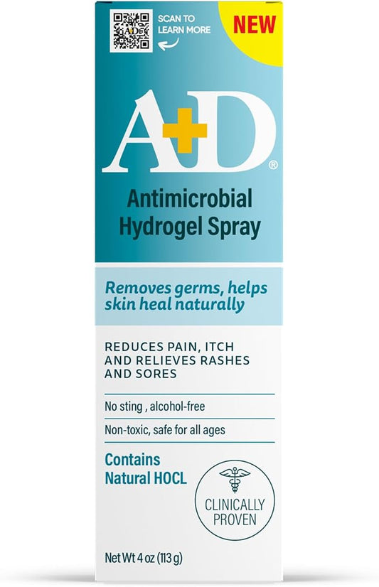 A+D Antimicrobial Hydrogel Spray – with Hypochlorous Acid, Removes Germs, Helps Heal Rashes & Irritations, Reduces Itch & Pain, Alcohol-Free, Non-Sting Formula, Safe for All Ages, 4oz-Velvo Beauty