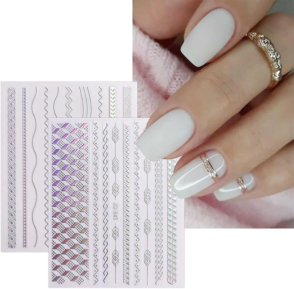 12 Sheets French Line Nail Art Stickers Aurora Star Heart Nail Decals Self-Adhesive Pegatinas Uñas Glitter Holographic Laser Silver Nail Supplies for Women Nail Art Design Decoration-Velvo Beauty