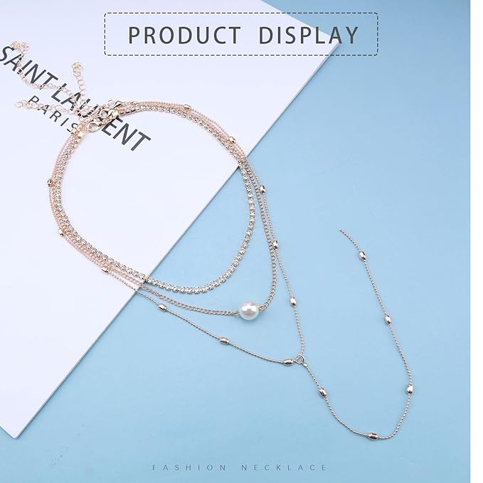 Bohemia Layered Y Lariat Choker Necklace Long Rhinestone Tennis Chain Necklace Floating Pearl Choker Necklace Gold Y Drop Necklace Chain Jewelry for Women and Girls-Velvo Beauty