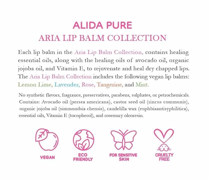Aria Lip Balm Collection, Vegan Lip Balm Set, Beeswax Free, with Avocado Oil, Organic Jojoba Oil, and Vitamin E, Natural Moisturizer for Dry, Chapped Lips, 5 Tube Set-Velvo Beauty