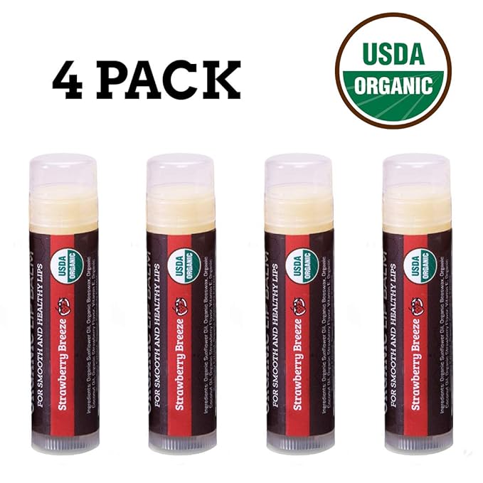 USDA Organic Lip Balm 4-Pack by Earth's Daughter - Strawberry Flavor, Beeswax, Coconut Oil, Vitamin E - Best Lip Repair Chapstick for Dry Cracked Lips.-Velvo Beauty