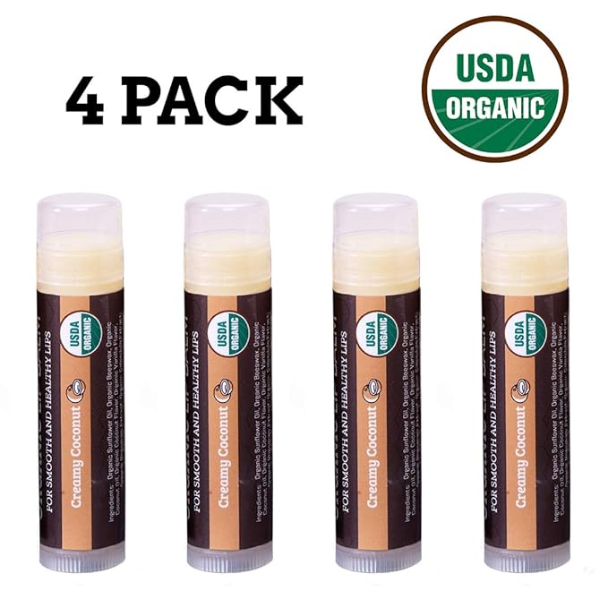 USDA Organic Lip Balm 4-Pack by Earth's Daughter - Creamy Coconut Flavor, Beeswax, Coconut Oil, Vitamin E - Best Lip Repair Chapstick for Dry Cracked Lips-Velvo Beauty