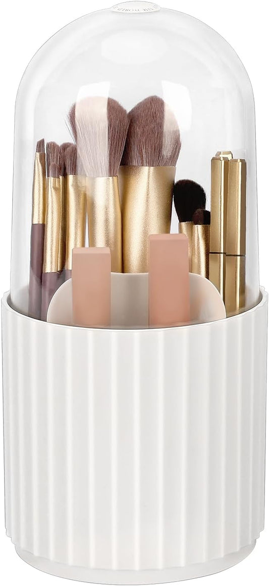 JessLab Makeup Brush Holder Organizer with Lid, 360 Degree Rotatable Makeup Brush Organizer Spinning Cosmetics Holders Brush Storage Box Display for Bathroom Vanity Countertop, White-Velvo Beauty
