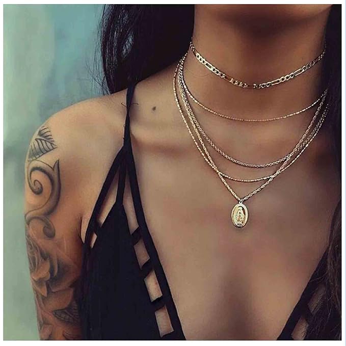 Boho Layered Oval Coin Necklace Choker Gold Virgin Mary Necklace Figaro Chain Necklace Vintage Multilayer Necklace Chain Jewelry for Women and Girls-Velvo Beauty