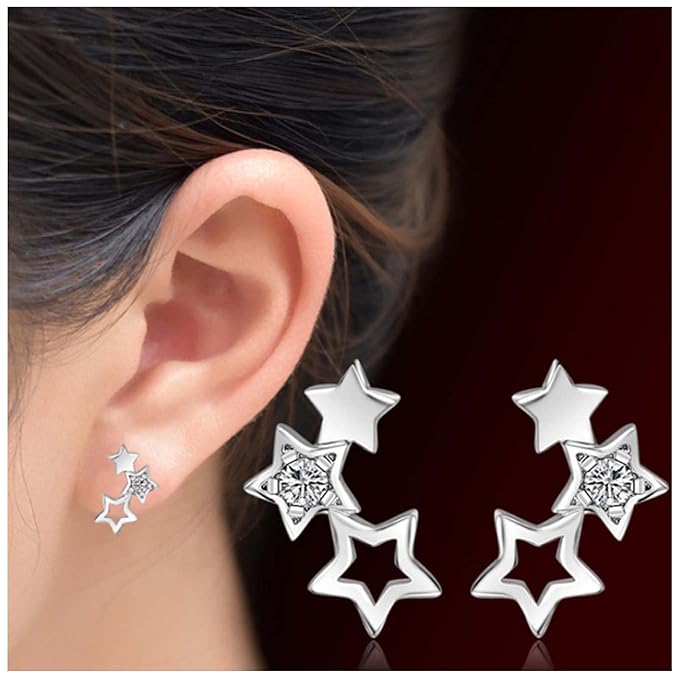 Bohemia Star Climber Crawler Earrings Silver Crystal Star Ear Climber Earrings Cluster Star Studs Earring Festival Earrings Jewelry for Women and Girls (Silver)-Velvo Beauty
