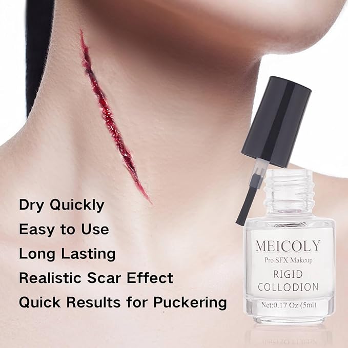 MEICOLY Rigid Collodion and Remover Kit,Scarring Liquid with Brush,Professional Scar Makeup for Halloween SFX Cosplay,Liquid Scar Fake Scar Makeup for Theater Stage Performance,Collodion Scar Liquid-Velvo Beauty