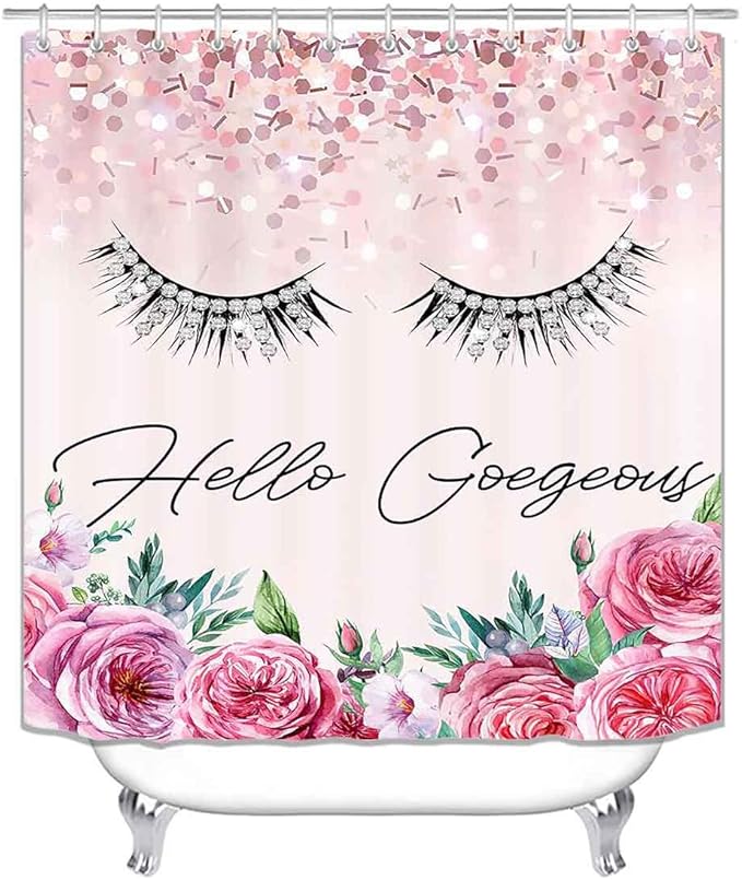 4PCS Hello Gorgeous Shower Curtain Set, Birthday Confetti Botanical Peony Floral Diamond Unicorn Eyelash Teen Girls Pink Bathroom Decor, Waterproof Fabric Shower Curtain, Bath Mat Toilet Rug-Velvo Beauty