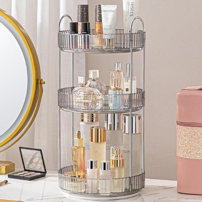 Makeup Organizer for Vanity, 360° Rotating Bathroom Organizer Countertop, High-Capacity Skincare Organizer, Spinning Cosmetics Organizer for Dresser Countertop (3 Tiers, Grey)-Velvo Beauty