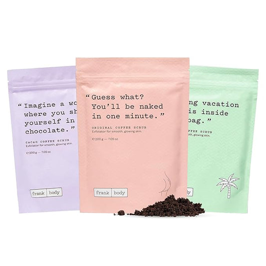 Frank Body Scrub Variety Pack | Natural, Vegan, Cruelty Free Exfoliating Body Scrub | Includes Original Coffee, Cacao, & Coconut Coffee Scrubs | 3 x 7.05 oz / 200 g-Velvo Beauty