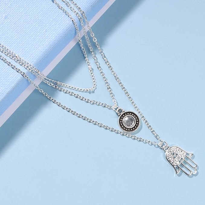 Boho Layered Opal Moonstone Necklace Silver Hamsa Pendant Necklace Futian Hand Necklace Chain Opalite Gem Necklace Jewelry for Women and Girls-Velvo Beauty