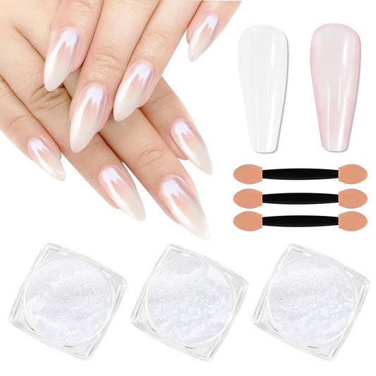 SIUSIO White Pearl Chrome Nail Powder, 3pcs Iridescent Aurora Powder Metallic Mirror Effect Pigment Pearlescent Mermaid Pigment for Nail Art Manicure Decoration Sets-Velvo Beauty