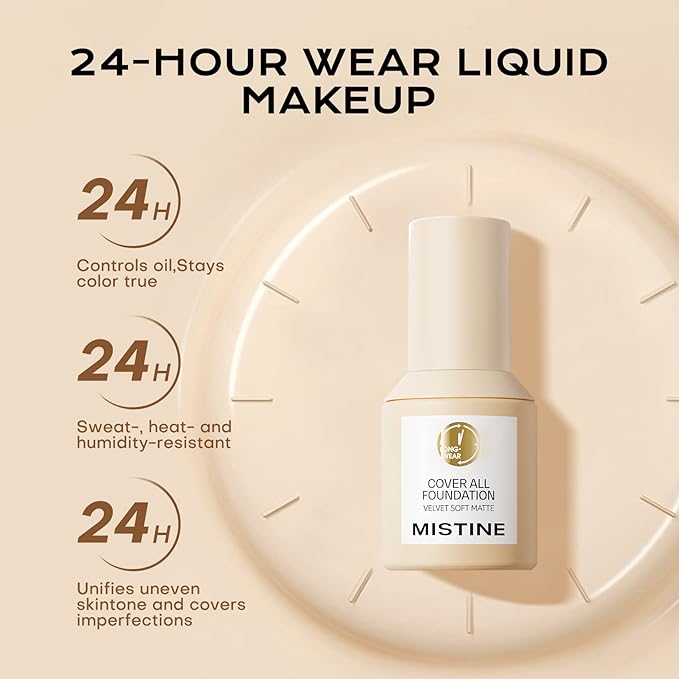 MISTINE Full Coverage Foundation Makeup for Oily Skin,24 Hour Oil Control Liquid Foundation,Skin-Caring,Moisturizing Formula,Cream Foundation,Matte Finish,Creamy Beige,1 Fl Oz-Velvo Beauty