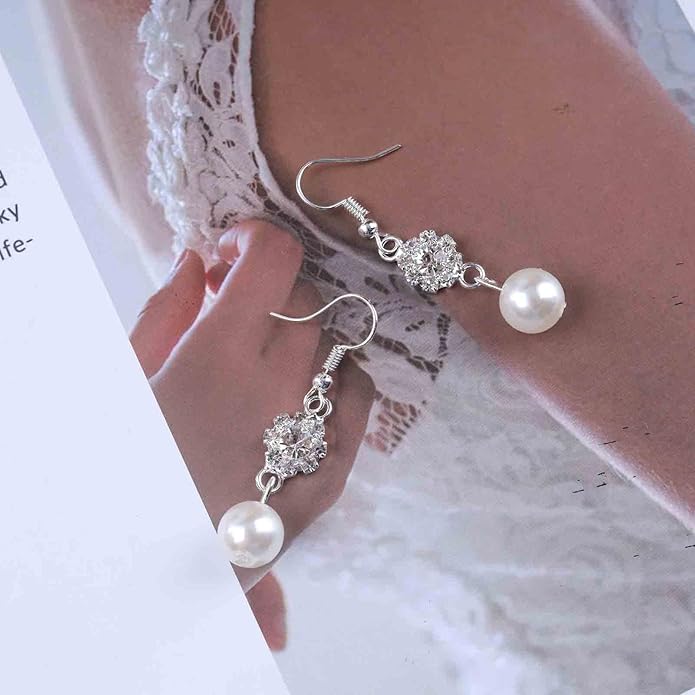 Vintage Rhinestone Pearl Drop Earrings Crystal Flower Dangle Earrings Silver Pearl Earring Cz Flower Hook Earrings Jewelry for Women-Velvo Beauty